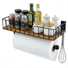 MyGift wall mounted paper towel holder with acacia wood shelf and 3 hooks