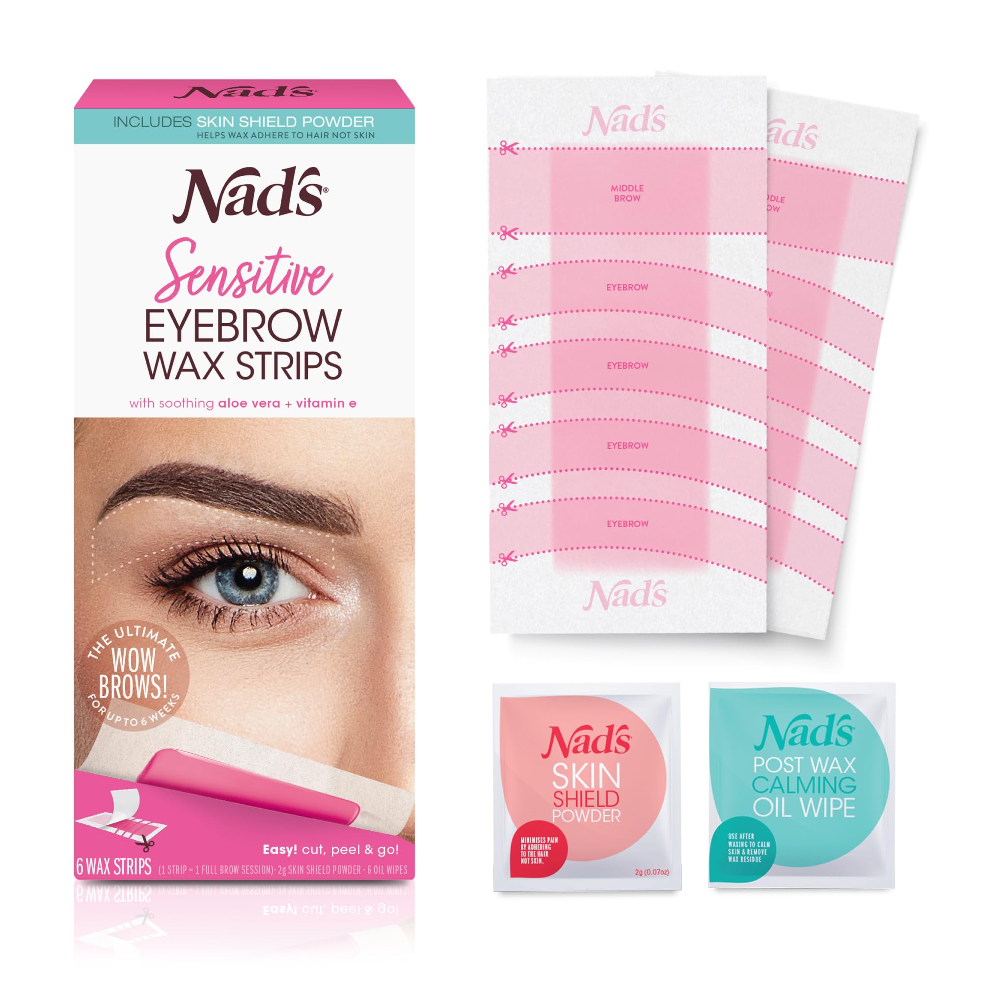 Packaging for Nad's Eyebrow Wax Strips 6 Ct
