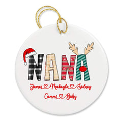 Nana Personalized Christmas Ornament 3 inch diameter with Grandchildren's Names and a gold ribbon for hanging