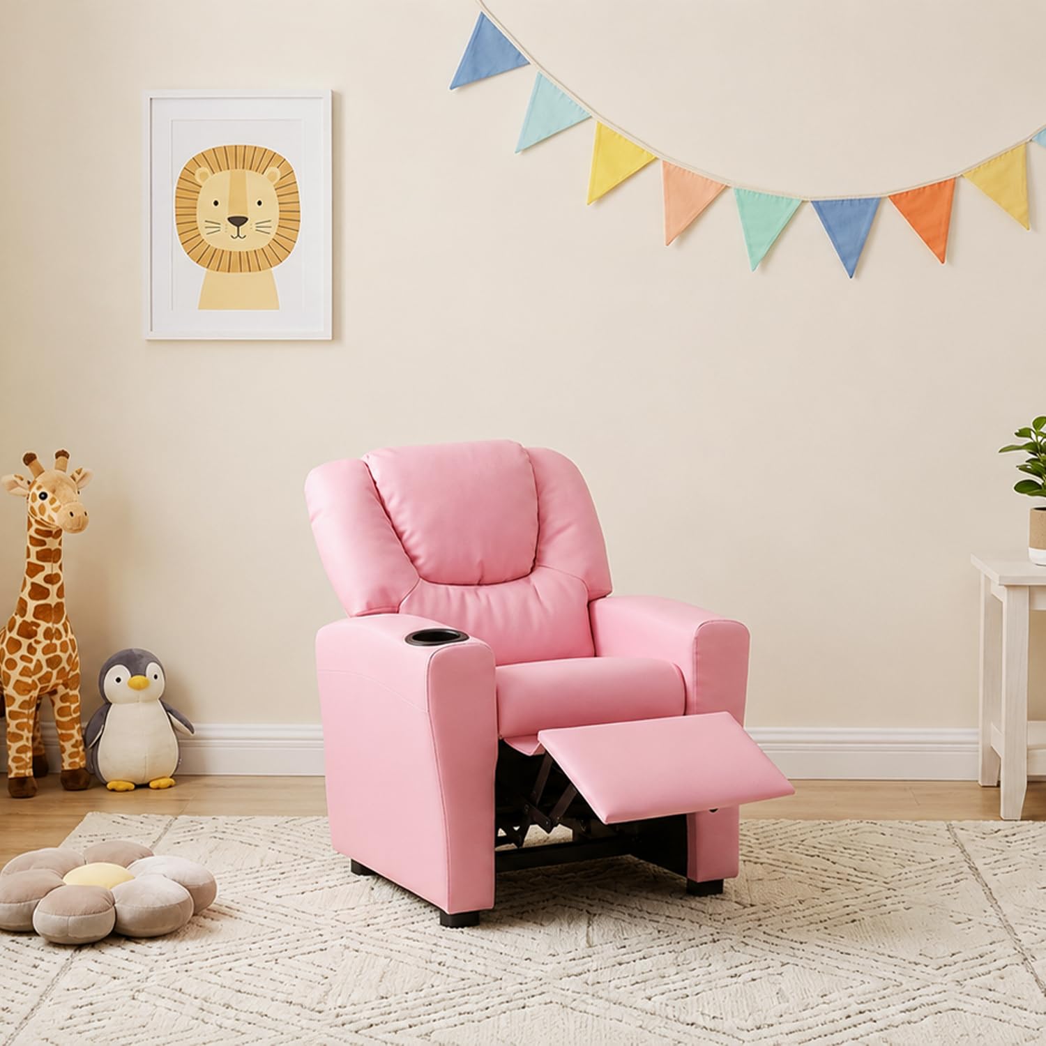 Front view of Naomi Home Suri Kids Recliner Chair pink PVC