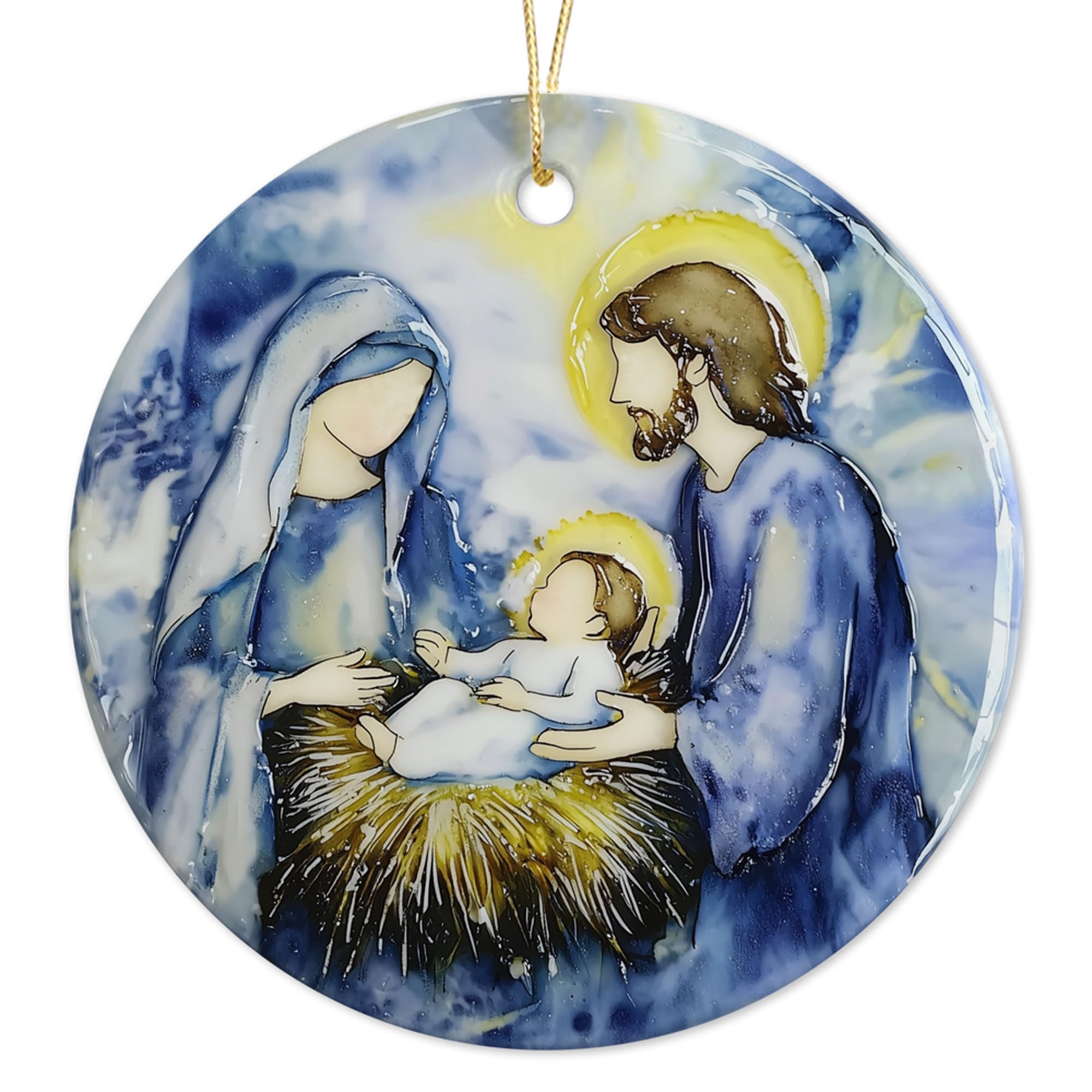 Nativity Ornament flat ceramic with Baby Jesus and nativity figures