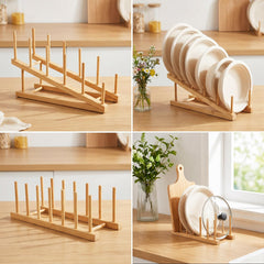 Natural wood color bamboo plate rack for cabinet organization