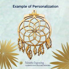 Natural wood dream catcher ornament engraved with name or year