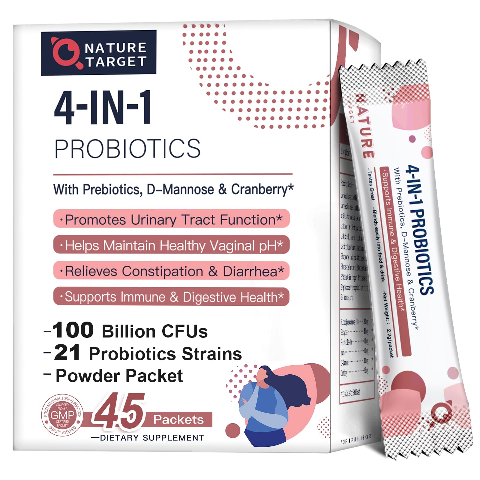 NATURE TARGET Women's Probiotics Powder bottle showing 100B CFU 45 Servings