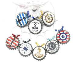 Nautical wine charms 8 piece set with anchor and boat designs