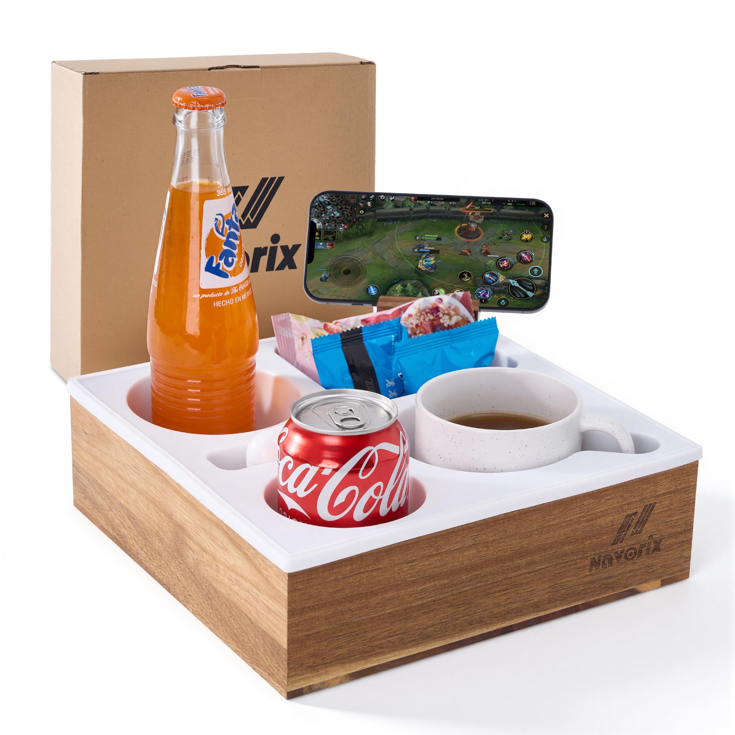 NAVORIX couch cup holder tray acacia wood non-slip base