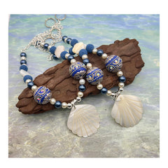 Navy blue beaded drapery tiebacks with seashells