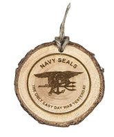 Navy Seal Logo wood burned ornament on pinon wood with jute hanger