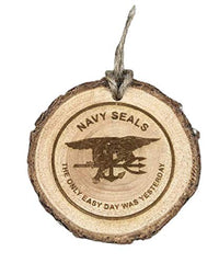 Navy Seal Logo wood burned ornament on pinon wood with jute hanger