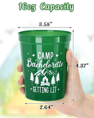 Bridesmaid green cups with Getting Lit text for camp bachelorette party by Nefelibata