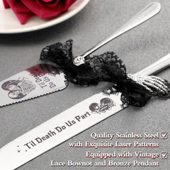Cake knife and server blades engraved with bride and groom skull motifs