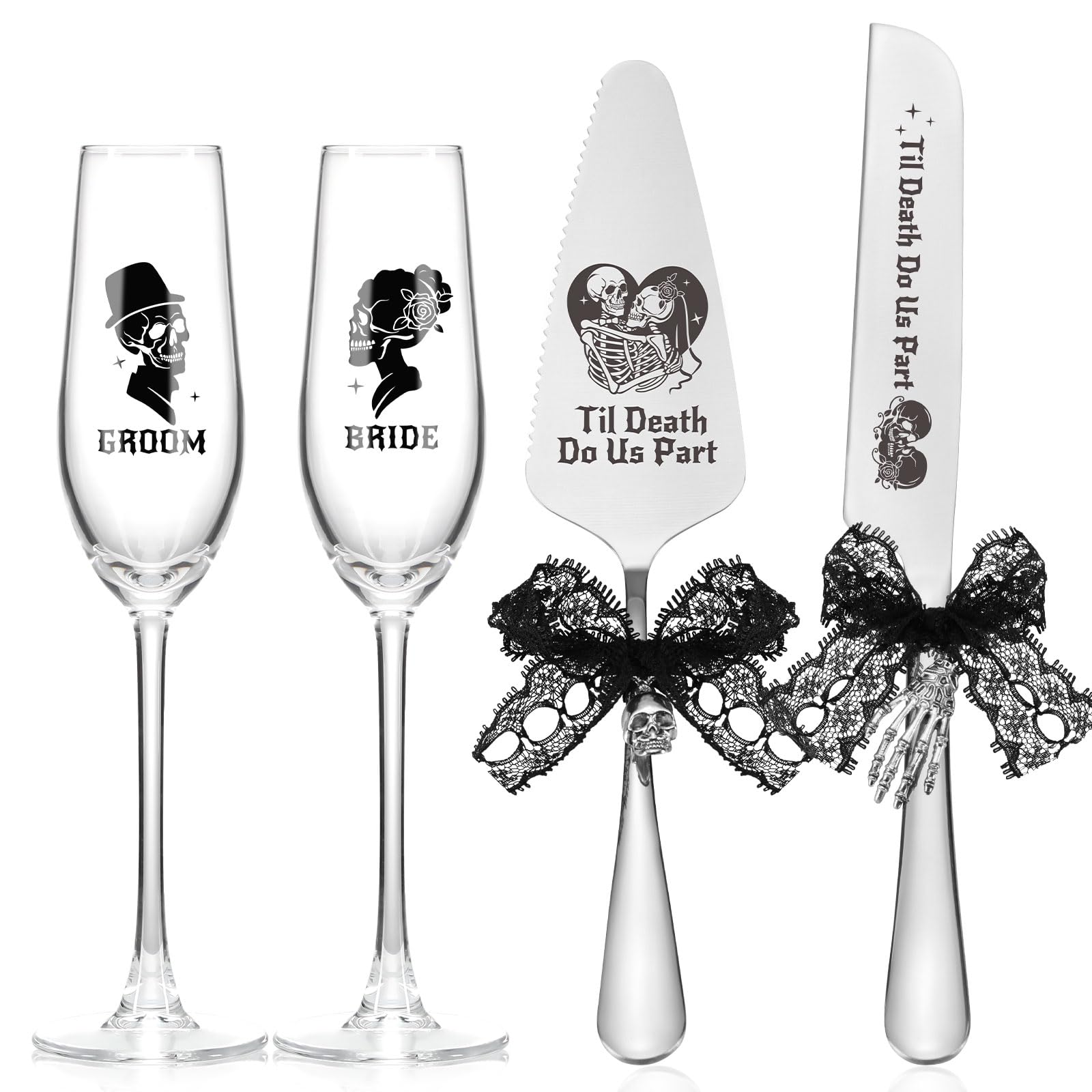 Nefelibata Gothic wedding cake servers set with skull motifs