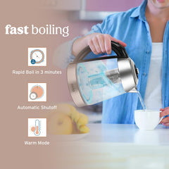 Kettle boiling water at 1100W for fast tea and coffee prep