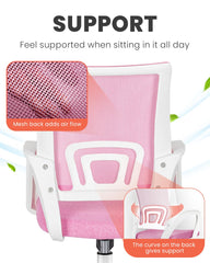 pink desk chair with lumbar support and mesh back