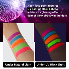Neon glow makeup set activated by UVA 320-400nm