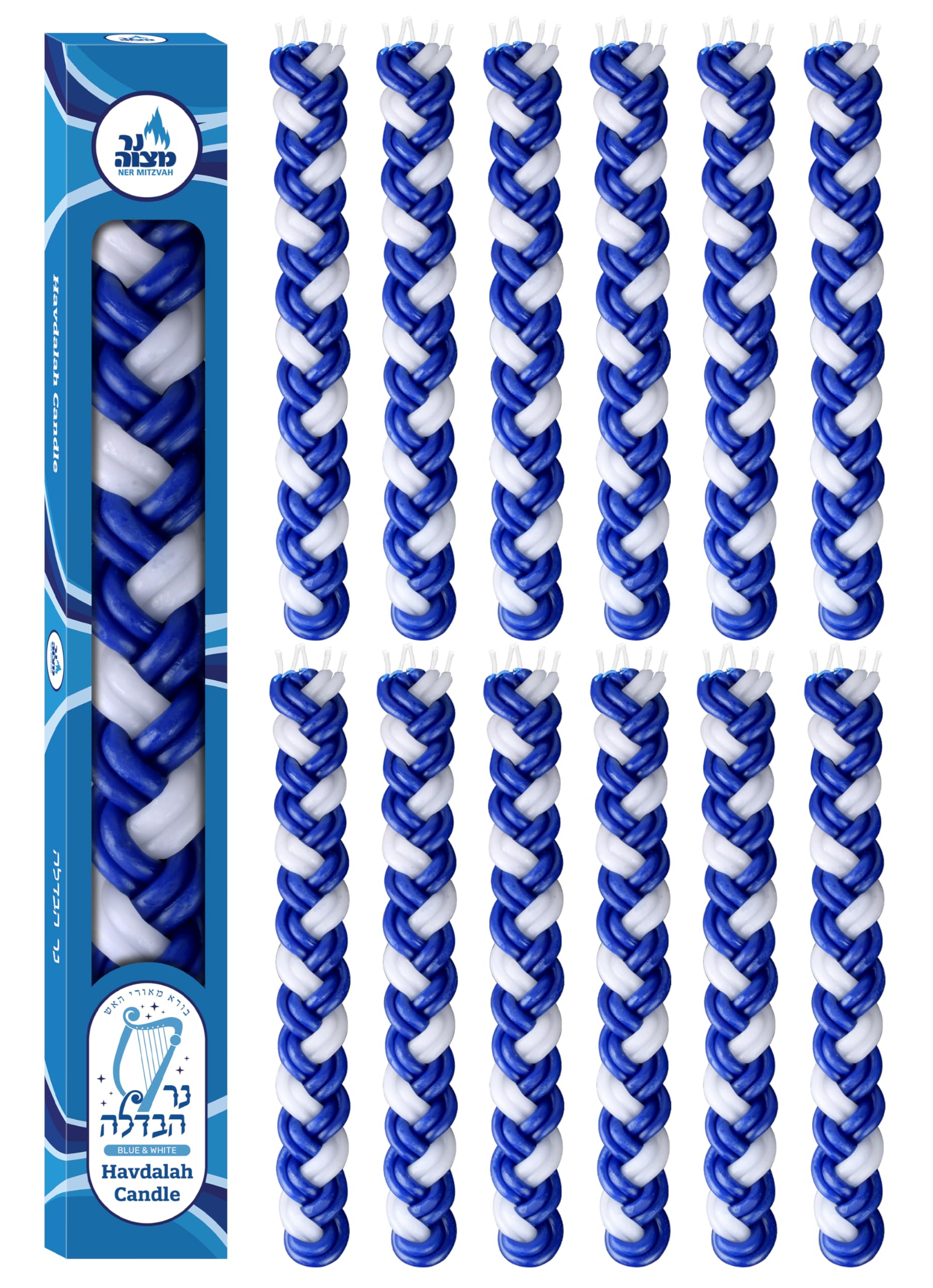 Ner Mitzvah braided Havdalah candle 12-pack blue and white