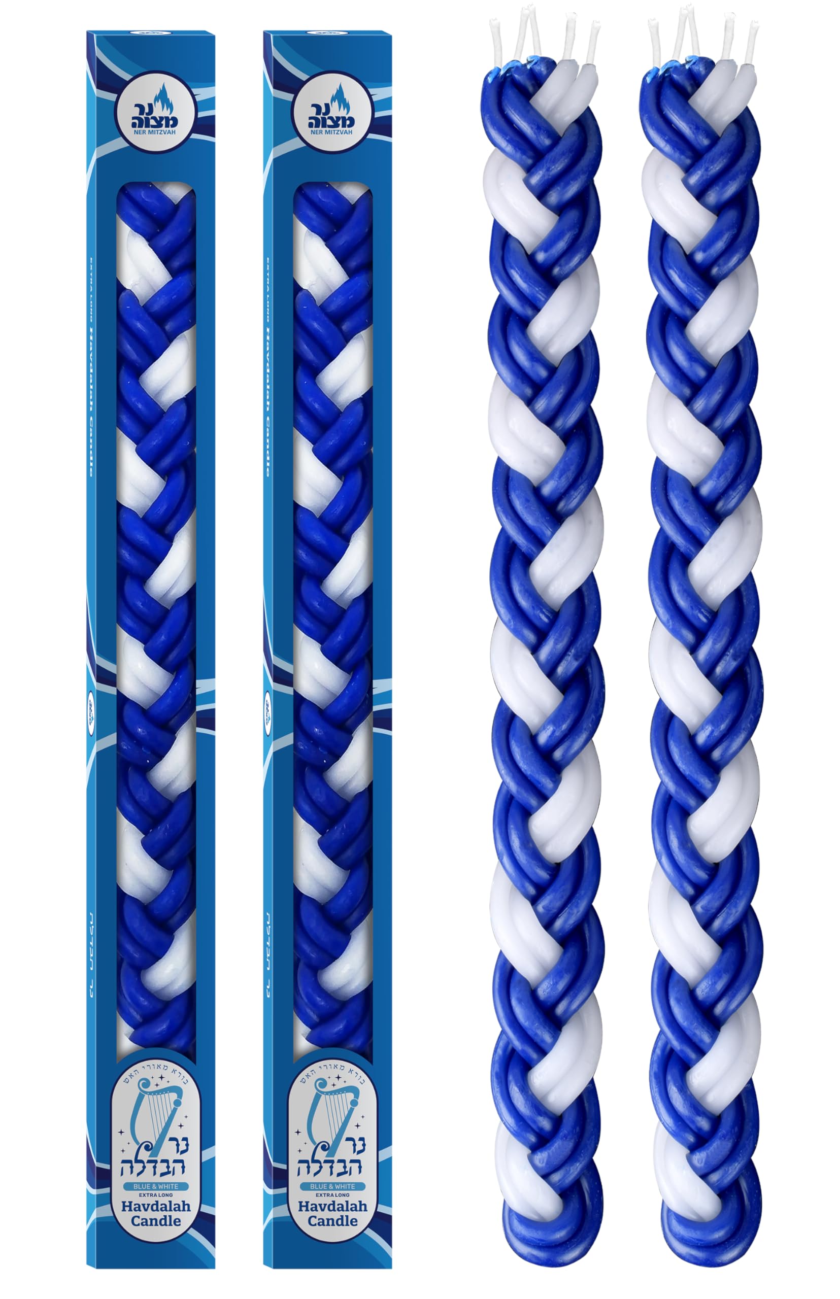 Ner Mitzvah braided Havdalah candle 2-pack blue and white