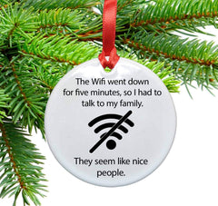 Round 2.85 inch diameter ceramic ornament with red satin ribbon for hanging