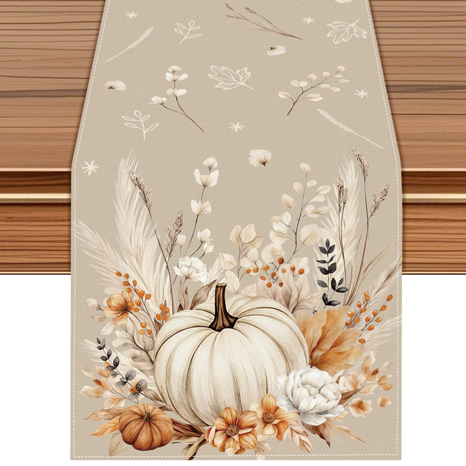 Neutral Fall Pumpkin Table Runner featuring a cream pumpkin and pampas grass
