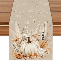 Neutral Fall Pumpkin Table Runner featuring a cream pumpkin and pampas grass