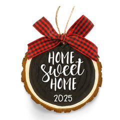 New Home Ornament 2025 birch wood slice close up