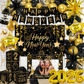 2026 New Years decorations in black and gold color scheme