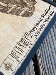 Close up of laser engraving on real wood stadium wall art