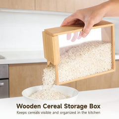 Wood storage container for kitchen pantry with wooden exterior and window