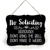 No Soliciting Sign 8x10 outdoor wall hanging with white lettering on black chalkboard