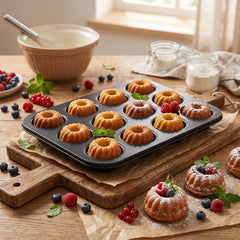 Durable carbon steel mini pount cake pan set with 12 cavities per pan