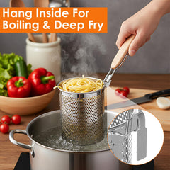 Noodle strainer basket with wood handle designed for boiling