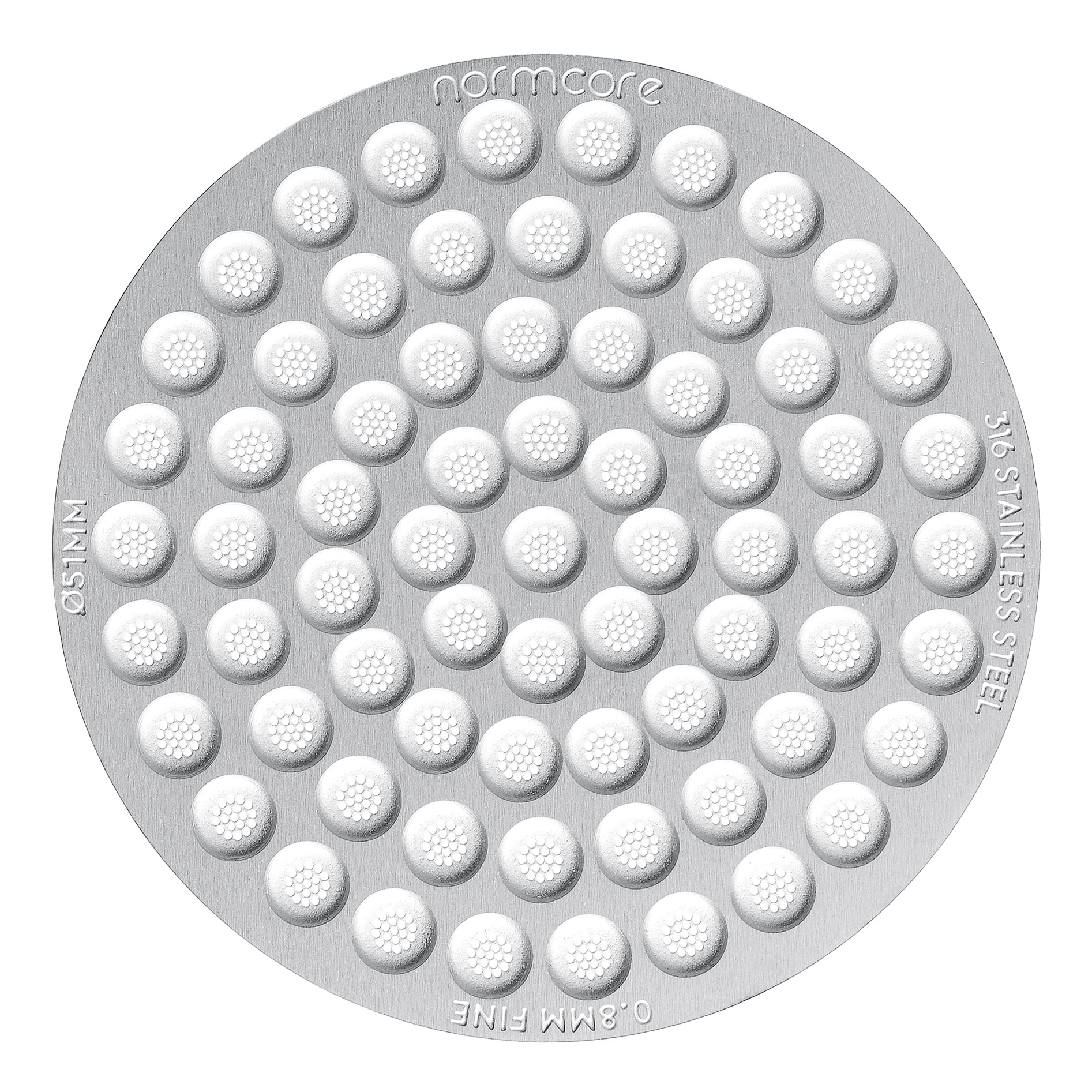Normcore 49mm Espresso Puck Screen in Silver made from 316 stainless steel
