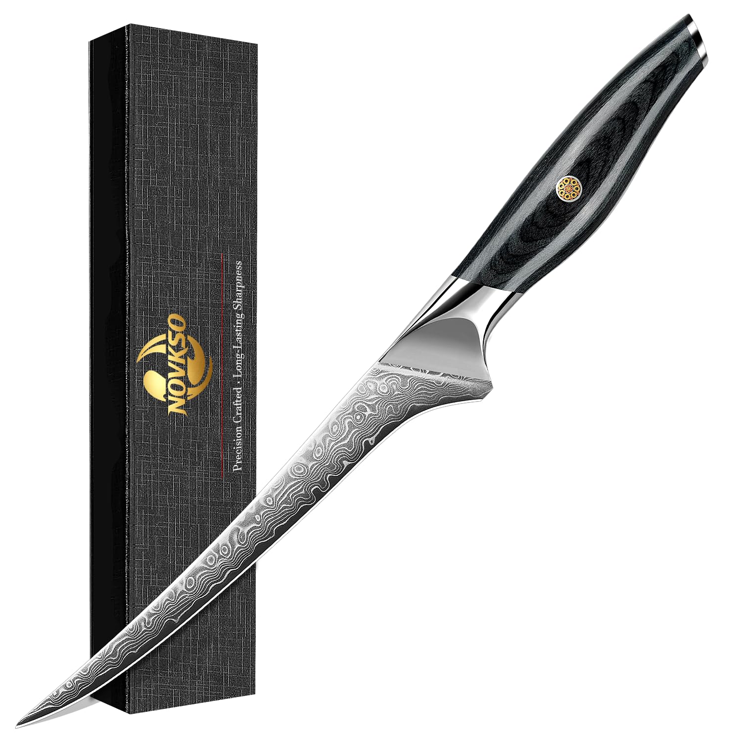 NOVKSO 7 Inch Real Damascus Fillet Knife with olive wood handle mosaic pin