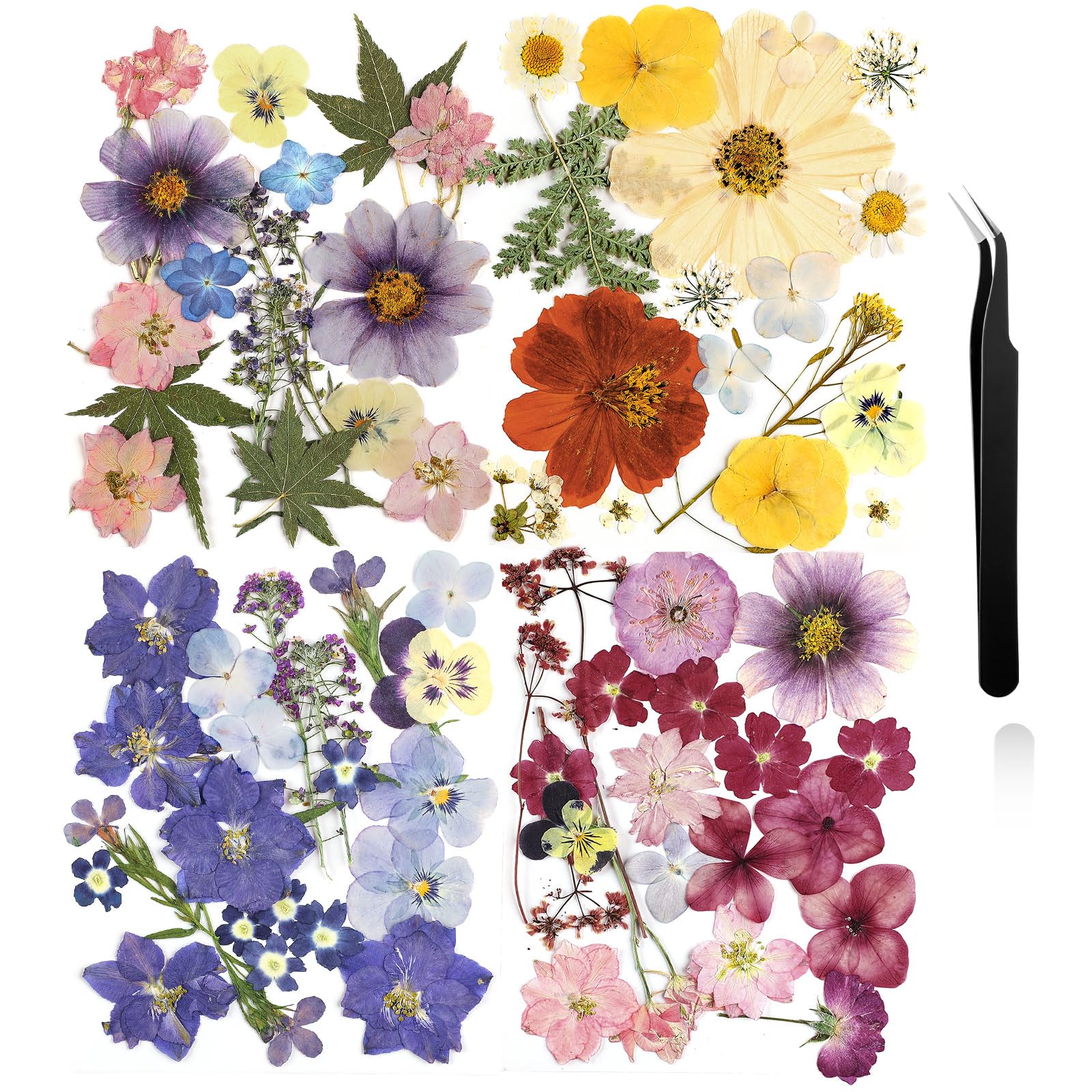 Nuanchu dried pressed flowers for crafts resin set includes 68 pieces and curved tweezer