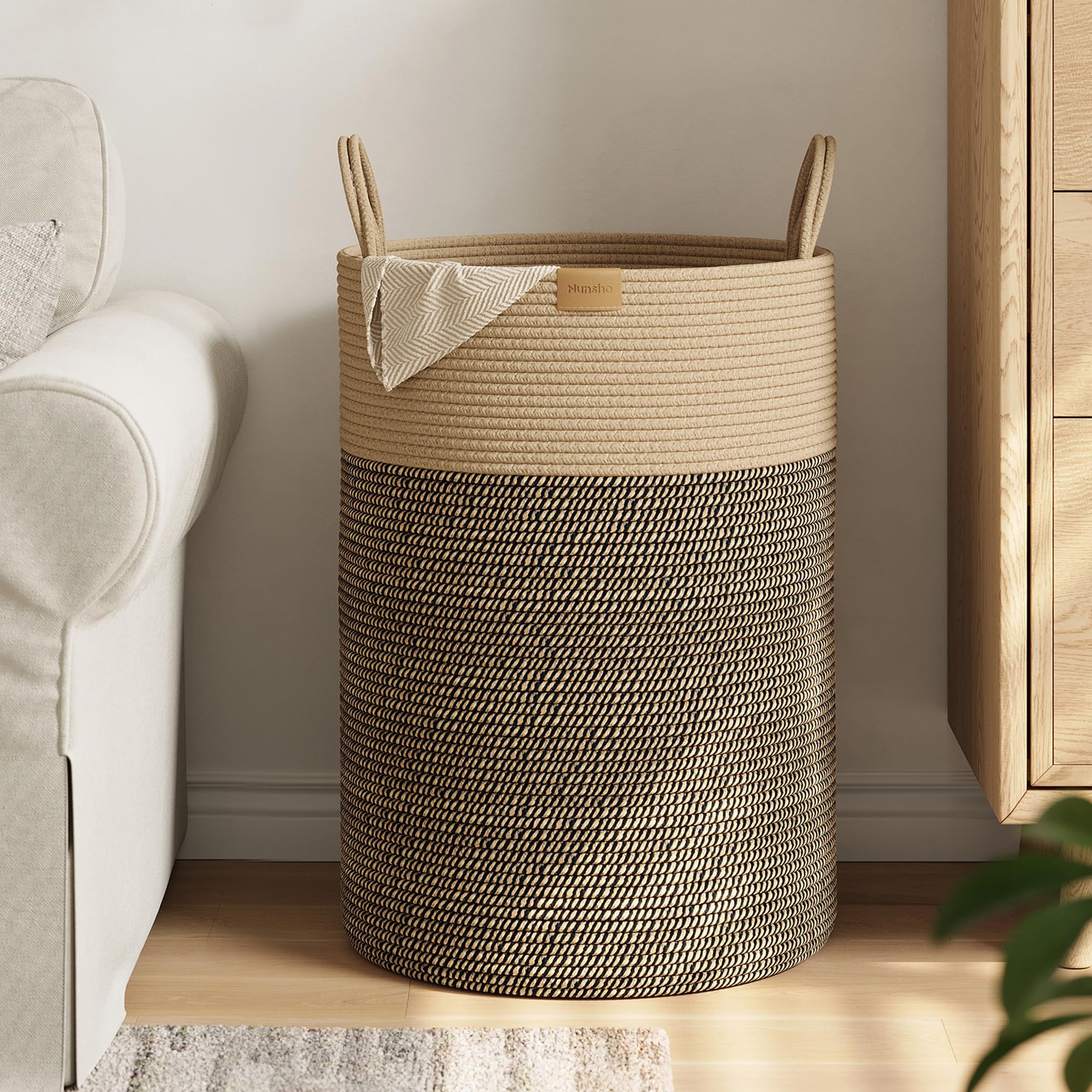 Nunsino tall laundry basket 95L with cotton rope