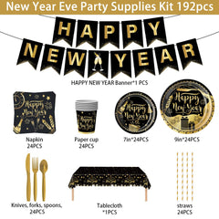 NYE tableware for 24 guests with plates cups napkins and forks