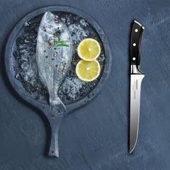 Ergonomic triple-rivet full-tang handle on OAKSWARE Pro Boning Knife