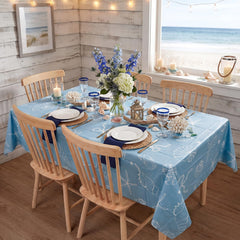 Seashell and starfish print coastal tablecloth in blue and white