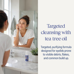 Close up of eyelid cleanser bottle with tea tree oil