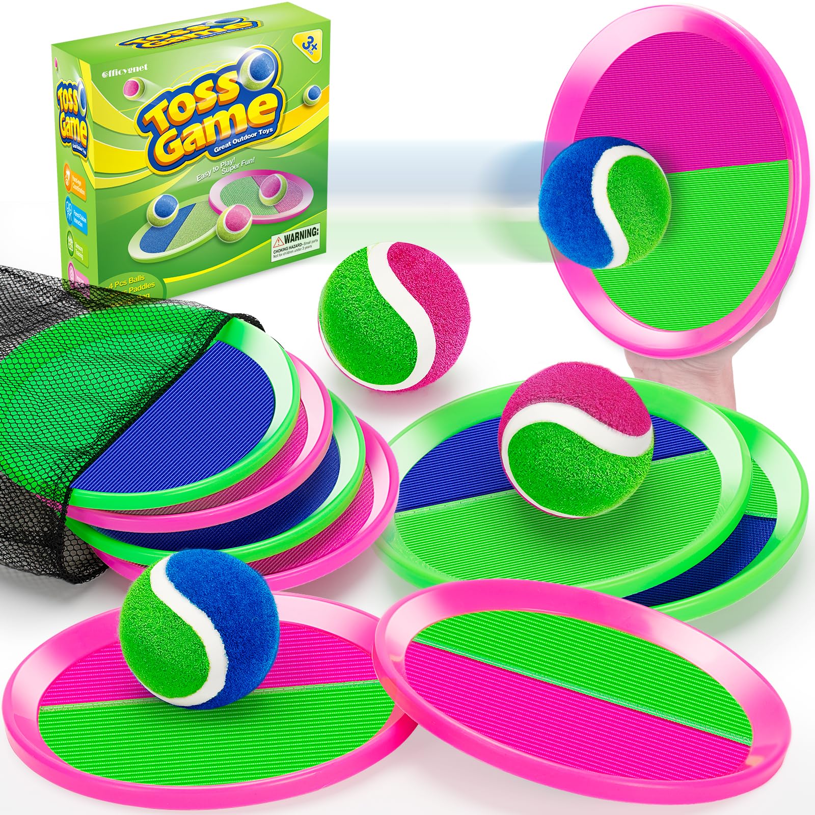 Officygnet Ball Catch Game with 2 pink and 2 green paddles