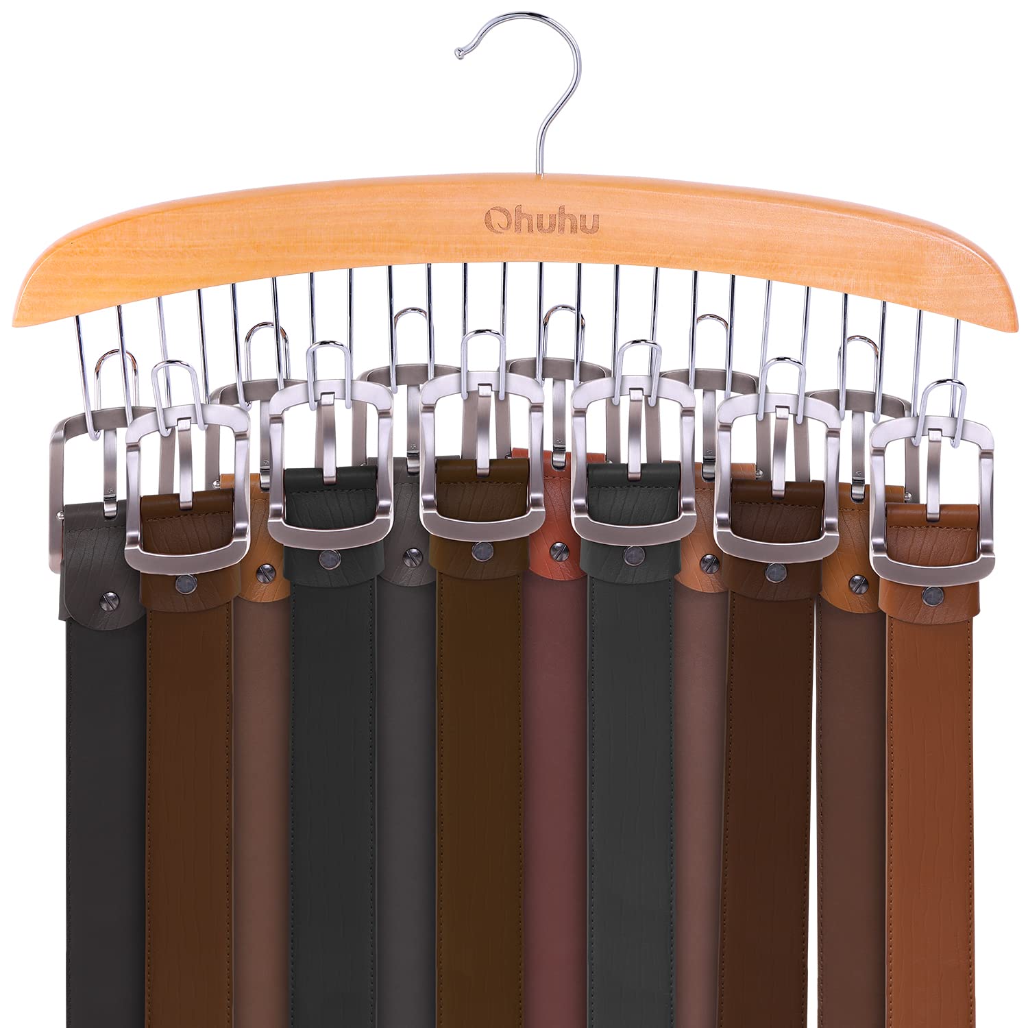Ohuhu belt hanger with 12 hooks on wooden body
