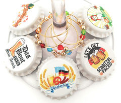 Oktoberfest wine charms on gold tone rings for glass identification