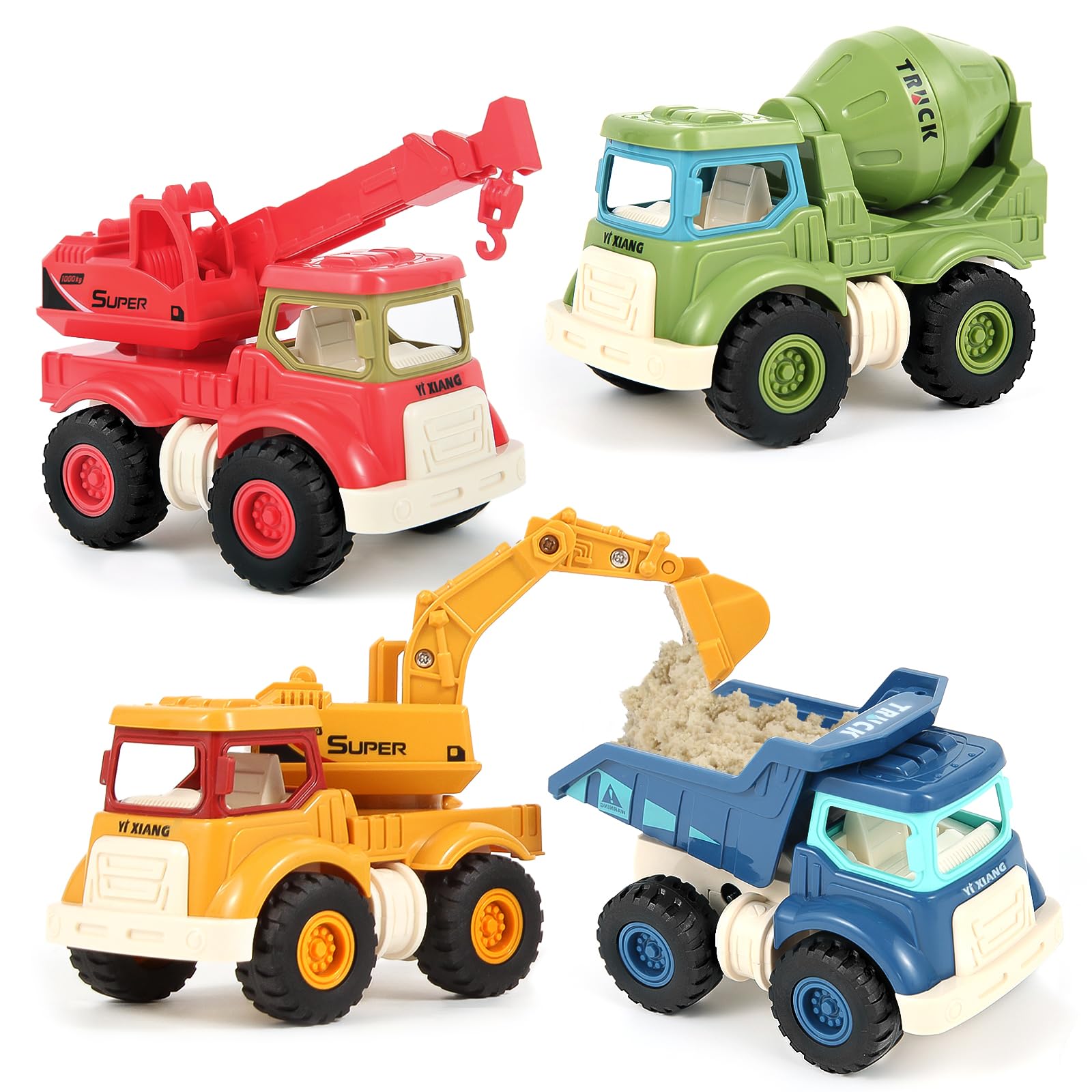 Olbyefly 4 pack construction trucks set with excavator crane and cement mixer