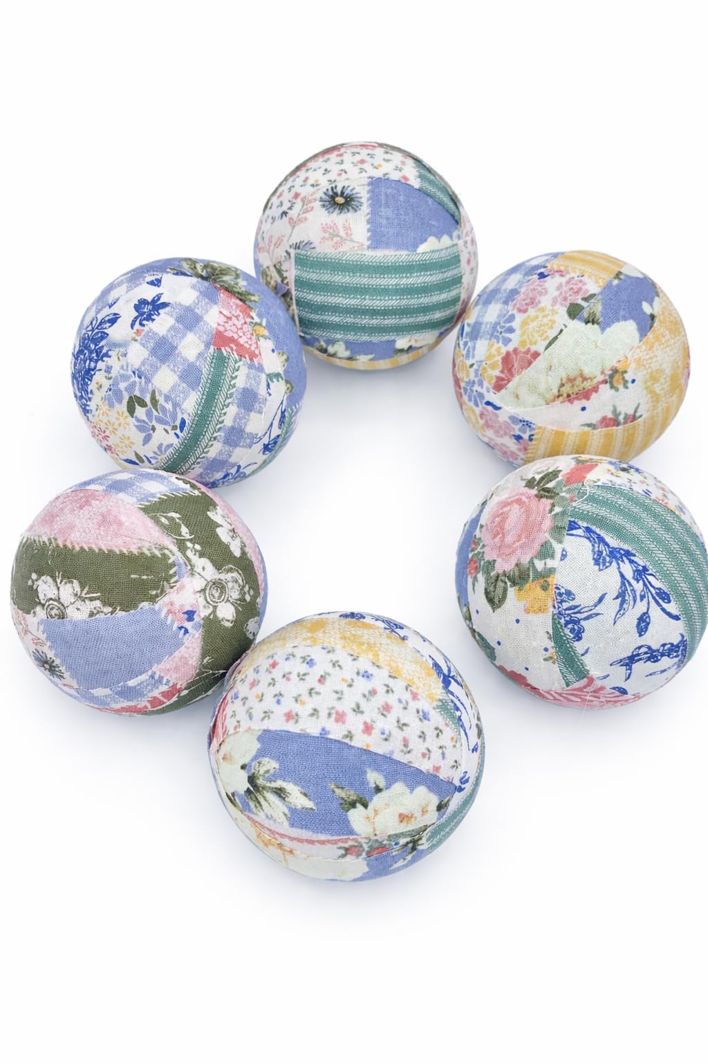 Old Victorian set of 6 fabric wrapped balls with quilt prints