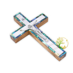 Olive wood crucifix with Mother of Pearl inlay