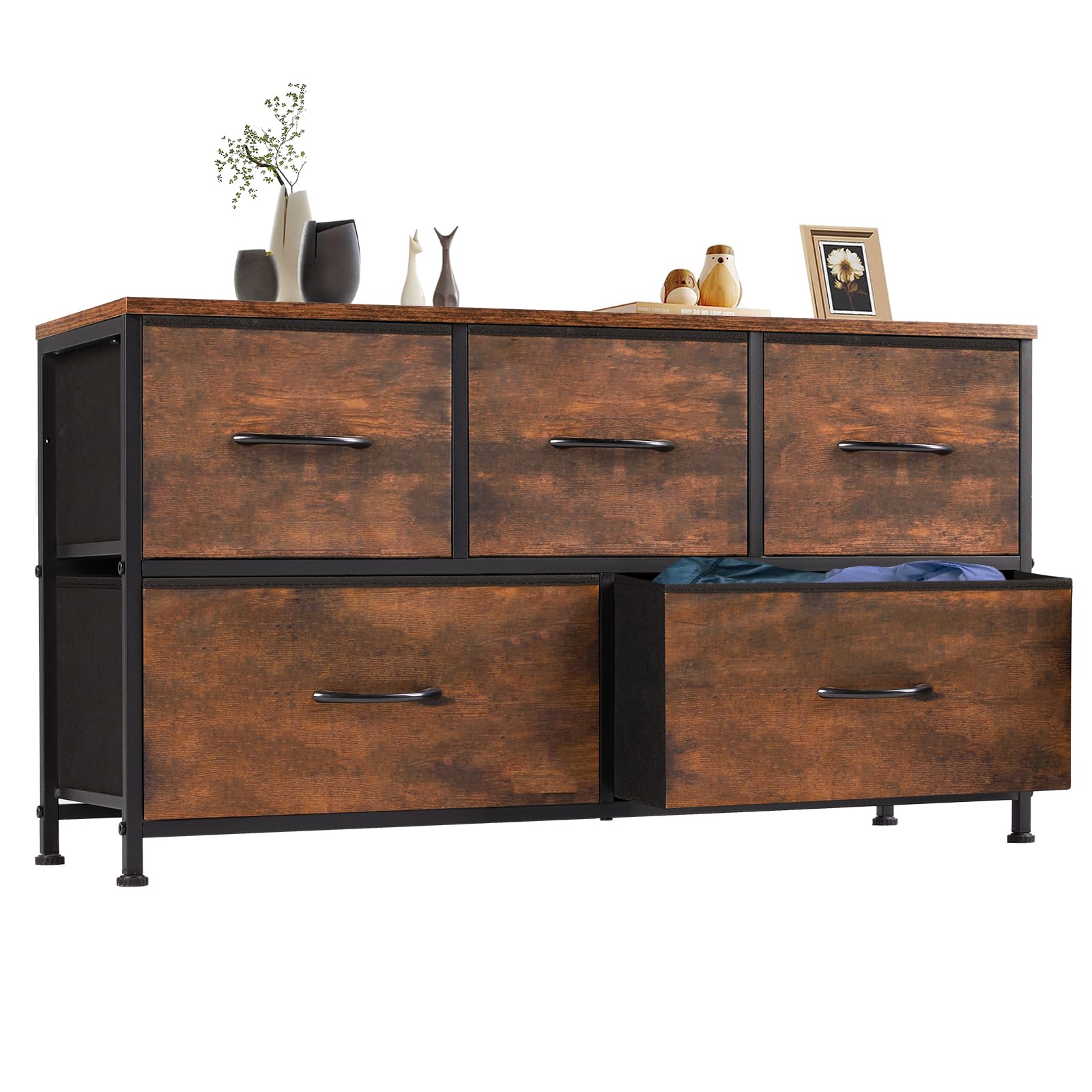 Brown OLIXIS dresser with five drawers in a bedroom setting