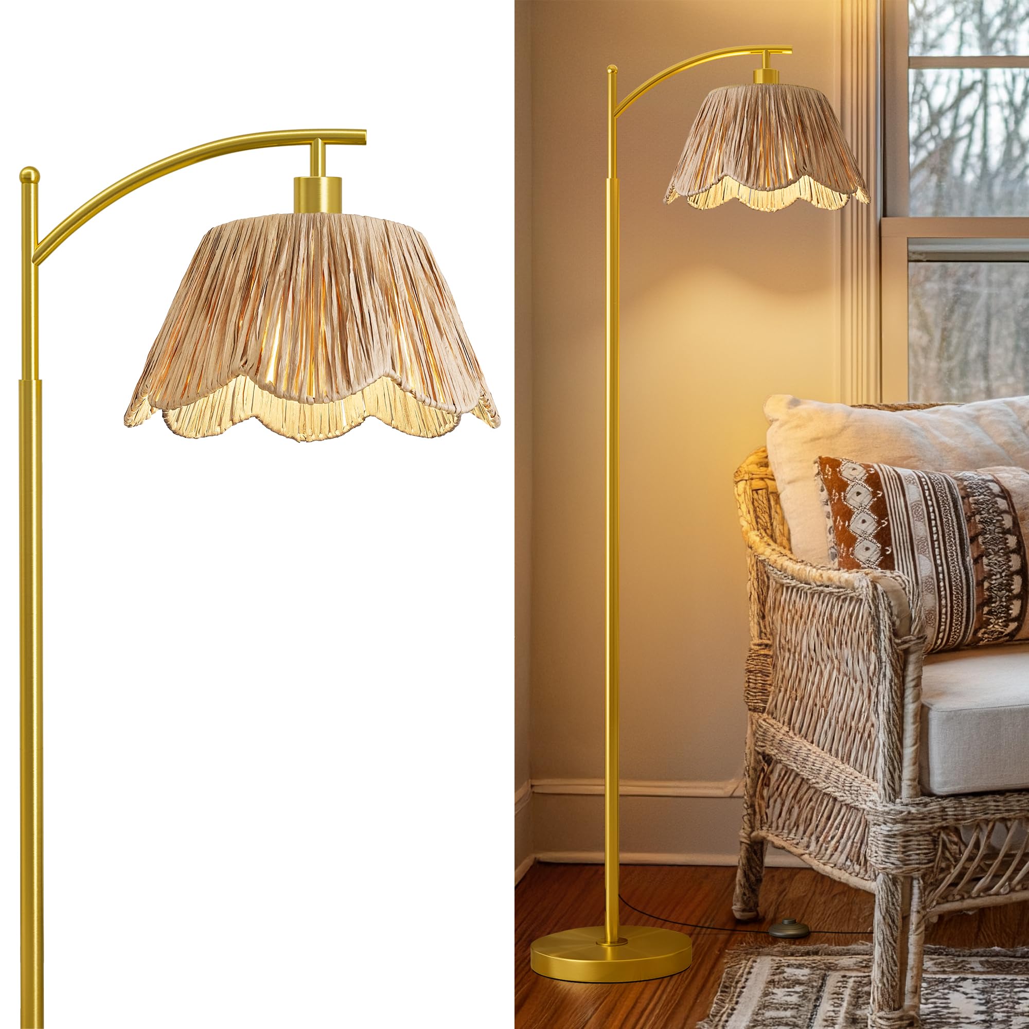 Oneach Arc Floor Lamp hand woven rattan shade with gold base