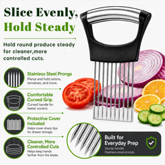 Stainless steel prongs gripping onion held in slicer