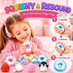 Individual squishy toys from OORAMOO 8 pack set in sealed packaging