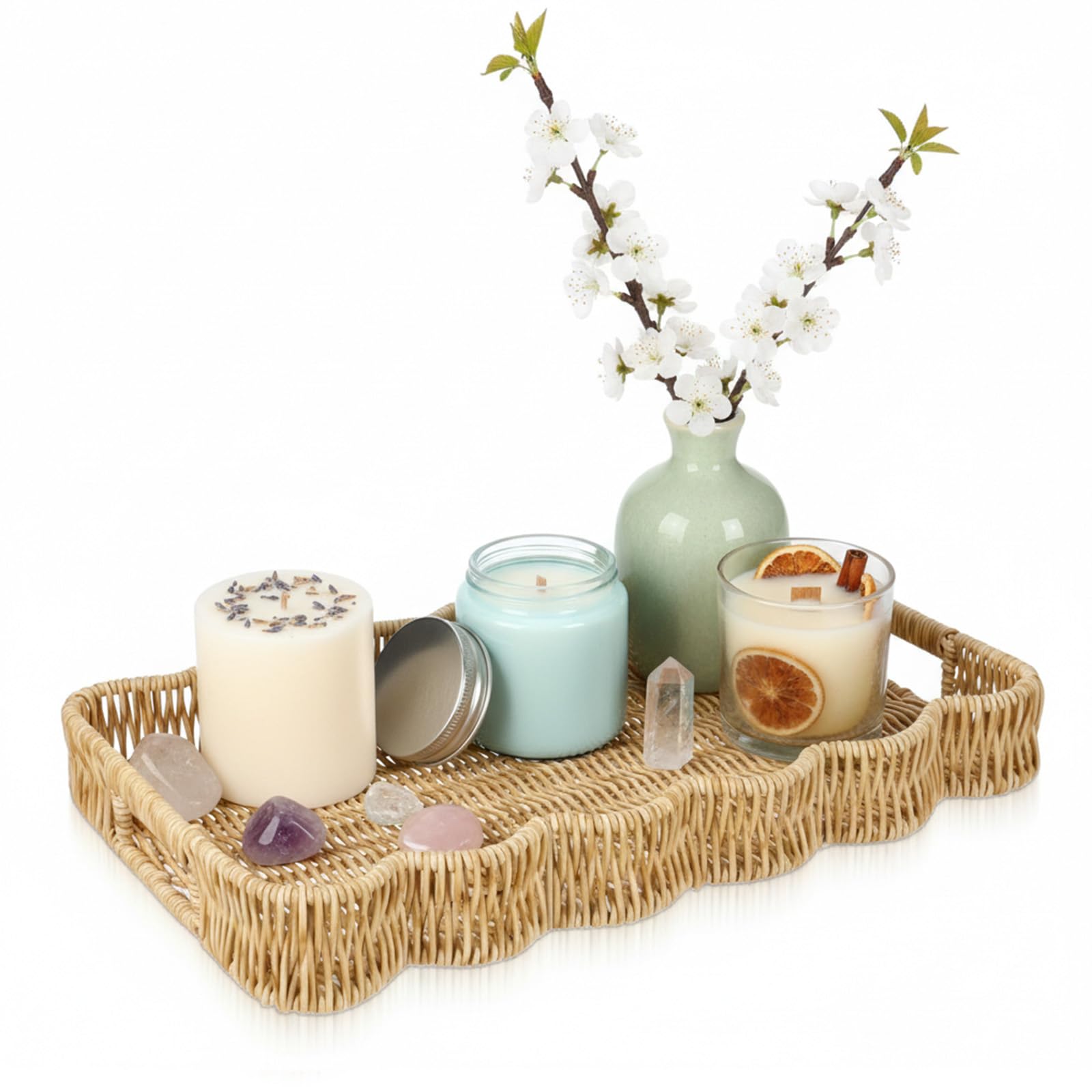 Oqqlin scalloped tray rectangle with handles apricot color front view